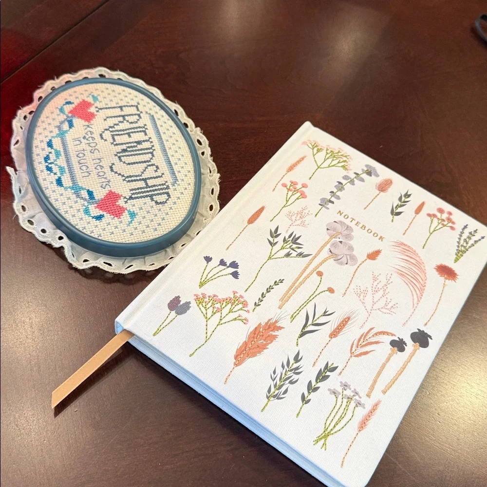 Floral Embroidered White Journal Notebook/ Cross Stitch Friendship decor Bundle